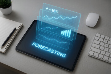 Business forecasting concept depicting financial growth and analytics with digital charts on a tablet computer at a workplace desk