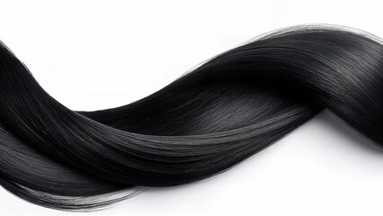 Smooth black hair isolated on white background, for beauty or haircare design. Useful for product advertising, salon branding, or cosmetic presentations.