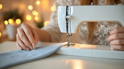 Woman using sewing machine to sew light blue fabric