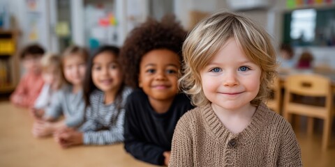 Obraz premium Diverse Group of Children Smiling in Classroom, Representing Education and Childhood Development