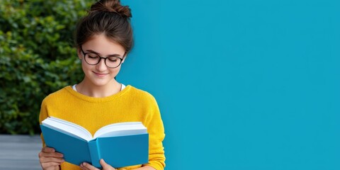 Teenage Girl Reading a Book in Front of Blue Background, Representing Education and Knowledge