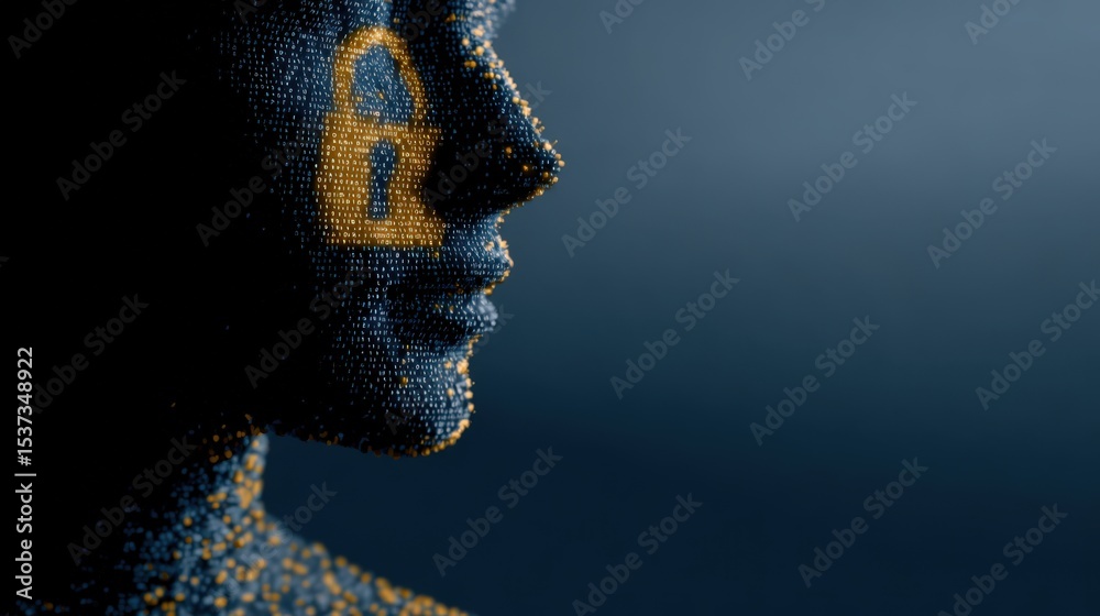 Poster Digital Human Head Profile With Binary Code and Lock, Representing Cybersecurity Solutions