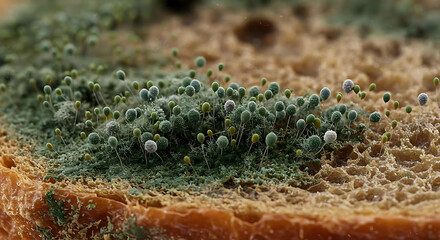 Close-up of mold growing on a slice of bread, real macro photo showing texture and biology of fungal spores and decay