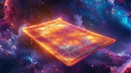 Radiant carpet floats amidst swirling nebula clouds in a vibrant cosmic expanse