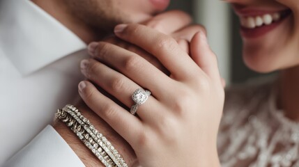 Close-Up of Wedding Couple Holding Hands With Diamond Ring, Symbolizing Commitment and Marriage