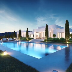 Fototapeta premium Modern villa with pool at twilight
