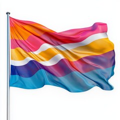 Fototapeta premium A vibrant, multicolored flag with flowing horizontal stripes of pink, orange, white, yellow, purple, and blue waving on a flagpole against a white background.