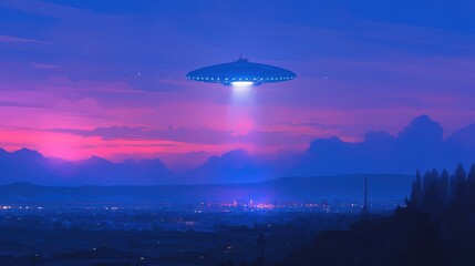 ufo : Futuristic UFO hovering over a vibrant cityscape at dusk. AI-generated.