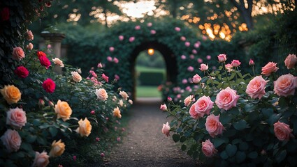 Walking Path Surrounded by Roses Leading to Illuminated Garden Arch