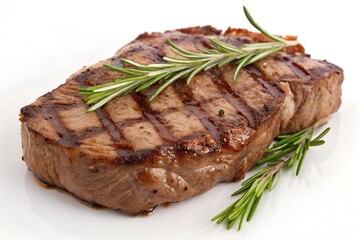 A grilled steak with prominent grill marks, garnished with a fresh sprig of rosemary.