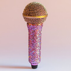 A glittery, colorful microphone stands upright against a soft gradient background, combining sparkle with a sleek, modern design.