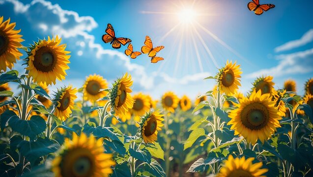Sunflowers Blooming Under Sunny Sky with Butterflies Flying Around Field