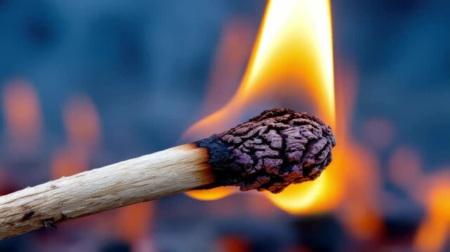 Burning matchstick on fire background.Matchstick burning with a blurred fire in the background
