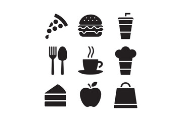 Food and Drink Icon Set Pizza, Burger, Coffee, Dessert, Kitchen Utensils