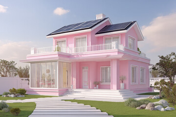 Ilustracion de Chalet de dos piso con fachada rosa y tejado negro con paneles solares en finda con cesped y camino de piedra blanca