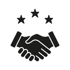 Handshake With Stars Solid Icon. Business Partnership, Trust, And Quality Assurance Silhouette Symbol. Professional Collaboration And Excellence. Isolated Vector Illustration