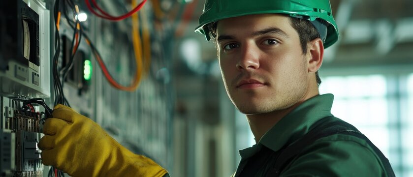 A construction electrician in a green hard hat and protective gloves, checking electrical connections and looking directly at the camera, with a backdrop of electrical panels and tools