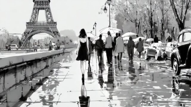 Woman walking in paris rain with eiffel tower view.Black and white artistic impression of a woman walking on a wet parisian sidewalk with the eiffel tower in the background
