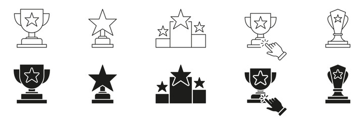 Trophy And Star Award Line And Solid Icon Set. Achievement, Recognition, And Success Symbol Collection. Celebratory And Competitive Excellence Representation. Isolated Vector Illustration