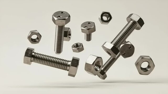 Floating assortment of metallic bolts and nuts showcasing intricate threading, ideal for engineering