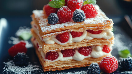 Delicious mille feuille pastry decorated with fresh berries and icing sugar