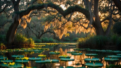 Waterway with lily pads and trees draped in Spanish moss at sunset