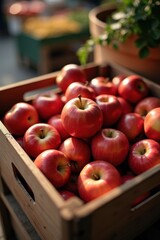 Red apples in a wooden crate
