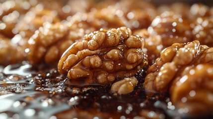 Deliciously caramelized walnuts glistening in rich syrup on a wooden surface