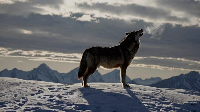 Wolf Howling on Snowy Mountain at Sunset.

