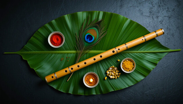 Vibrant Indian Flute with Spices and Peacock Feather on Lush Green Leaf Background A Stunning Composition for Spiritual and Cultural Designs - Powered by Adobe