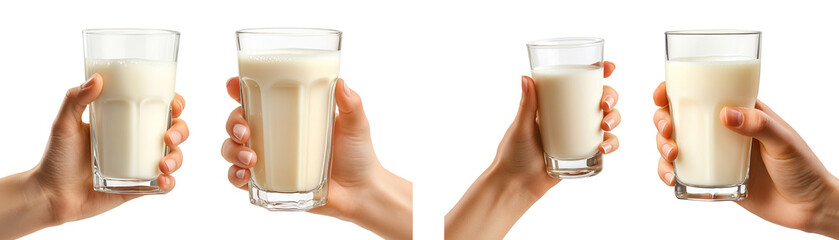 Collection of hands holding glasses of milk, isolated on a transparent background