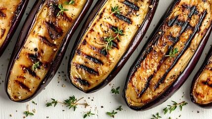 Four grilled eggplant halves, seasoned with herbs and pepper, arranged on a white surface, showcasing grill marks and slightly caramelized flesh