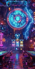 Obraz premium Futuristic casino room with neon lights, slot machines, and digital art decorations