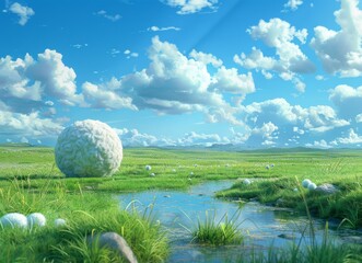 Idyllic grassy field with a quaint pond and fluffy white cloud sculpture under blue sky