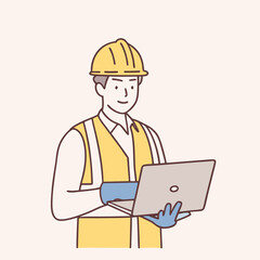 male engineer wearing a vest, glove, helmet for safe, He standing and smiling happily into the factory while his hand is holding the laptop  vector design illustrations