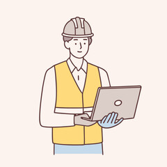male engineer wearing a vest, glove, helmet for safe, He standing and smiling happily into the factory while his hand is holding the laptop  vector design illustrations
