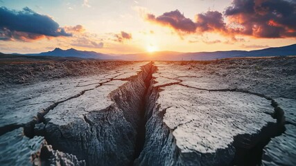 Dramatic view of a cracked earth landscape at sunset with mountains