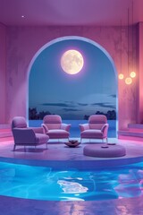 Dreamy modern interior with pastel armchairs and floating moon decoration