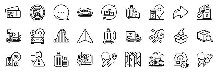 Airplane, Baggage cart and Warning line icons pack. Share, Message, Paper plane icons. Bike rental, Gps, Roller coaster web icon. Baggage size, Diesel station, Delivery change pictogram. Vector