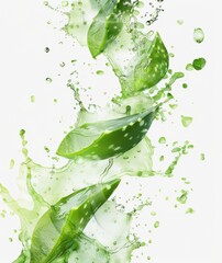 Fresh aloe vera slices with splashing water on white background promoting hydration and skincare