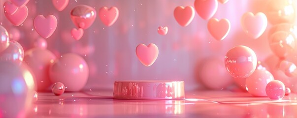 Romantic pink gradient background with heart-shaped balloons and neon heart light