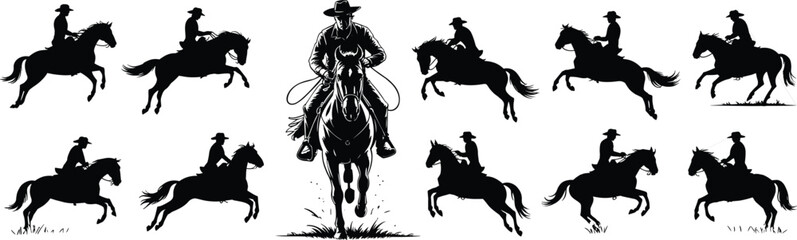 Dynamic Cowboy and Horse Silhouettes Collection, Illustrating Various Riding Poses, Western Lifestyle, and Rodeo Themes