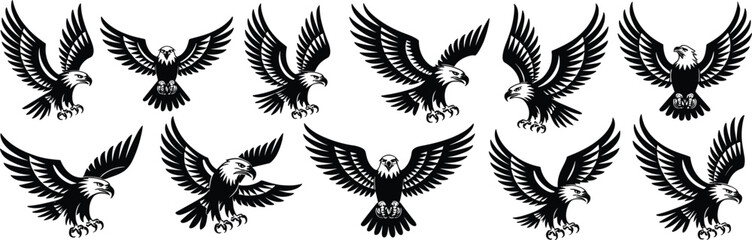 Majestic Eagle Flight Vector Set: Dynamic Black and White Illustrations for Patriotism, Sports Team Mascots, Freedom Concepts, and Wildlife Design Assets