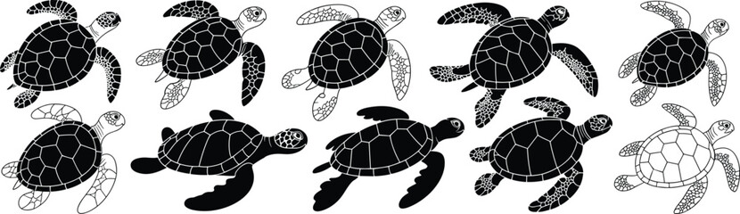 Assortment of Sea Turtle Icons: Stylized Black and White Illustrations for Ocean Conservation, Marine Biology, and Aquatic Animal Themed Graphics
