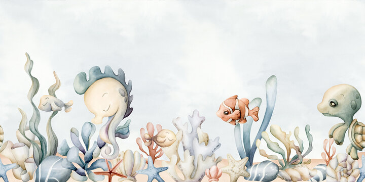 Seahorse turtle fish with seaweed coral starfish shell on seabed Watercolor hand painted summer seamless border on blue