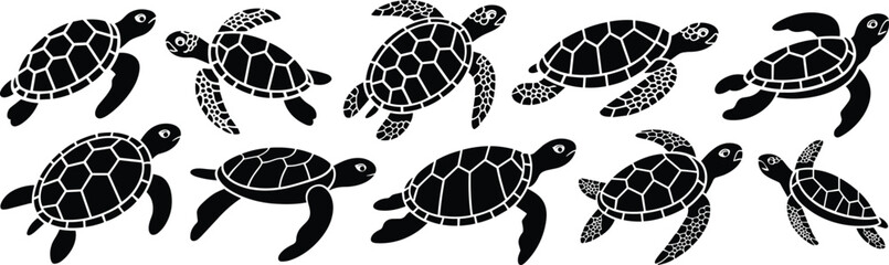 Collection of Swimming Sea Turtle Silhouettes: Diverse Marine Reptile Illustrations for Ocean Conservation, Aquatic Life Themes, and Coastal-Inspired Design Graphics