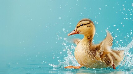 Young duckling splashing in water