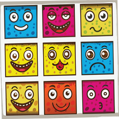 Obraz premium Colorful Cartoon Square Faces with Funny Expressions and Emotions