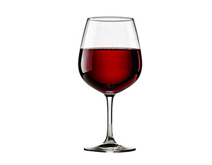 Isolated, elegant wine glass filled with rich red wine, displayed on a clean white background. The clear glass texture enhances light reflections, emphasizing purity, contrast, and visual clarity for 