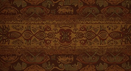 Ornate tribal background with complex patterns, textures, warm earthy tones, and primitive-inspired
